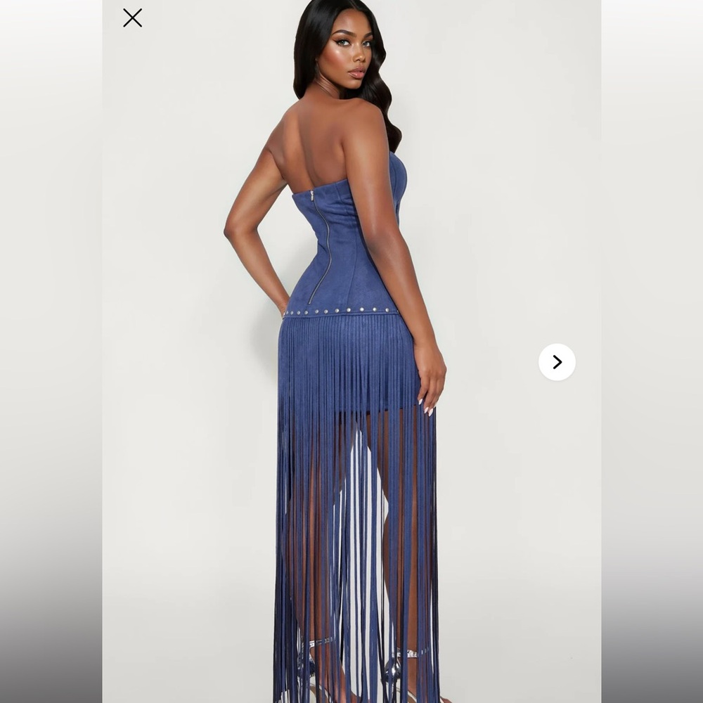 Fashion Nova Strapless Navy Fringe Dress